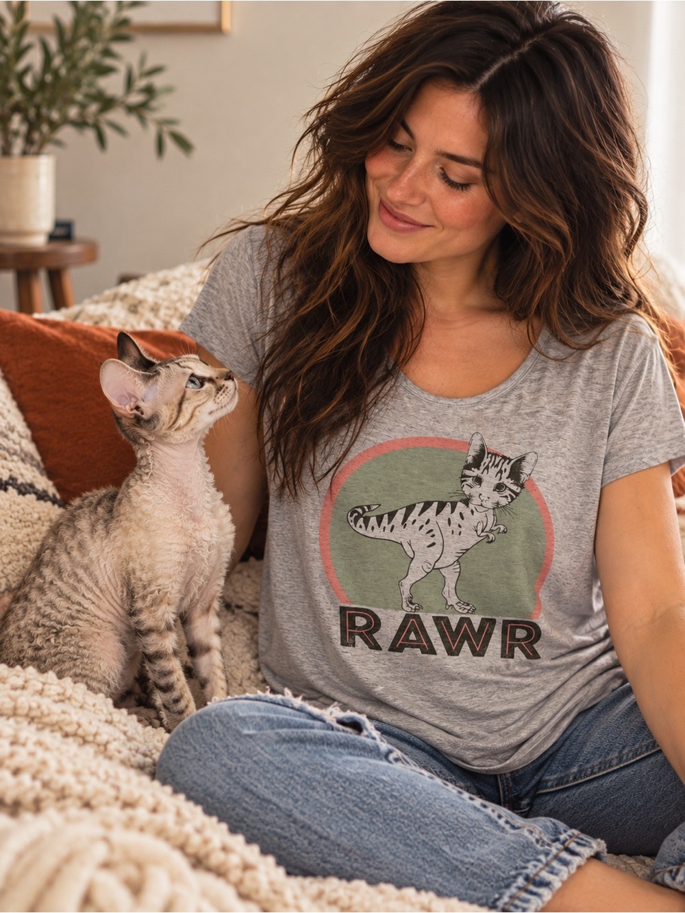 Fervour RAWR Dinosaur Cat Print Graphic Tee Gray Short Sleeves M